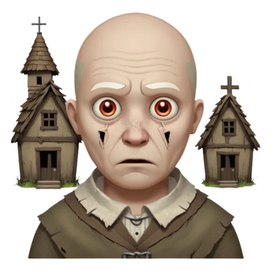 cursed village villager portrait, head and shoulders only, pale skin, torn rustic clothes collar, haunted eyes, eerie atmosphere, 3D cartoon, mobile game icon style, clean background, no text, no watermark

 sticker