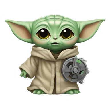 Baby Yoda with a scared face holding a gear sticker