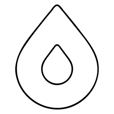 minimalist vector logo of a white rounded water drop pointing upwards with a small inverted drop-shaped cutout inside, centered, surrounded symmetrically by four rounded cyan blue (#00DFFF) corners forming an incomplete square frame with straight outer edges and rounded inner edges, on a vivid saturated blue (#0000FF) background, very geometric, symmetrical, no shading or 3D effect sticker