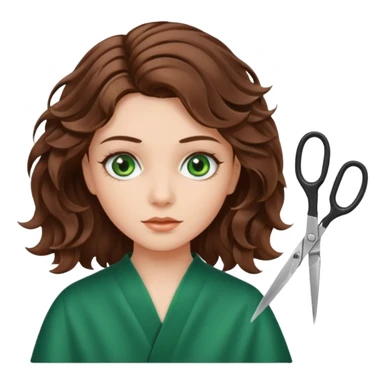 Girl with green eyes and brown wavy hair getting haircut with scissors sticker