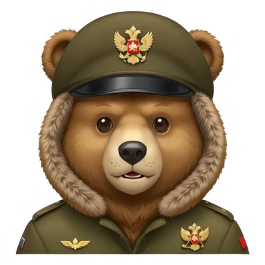 Cartoon Russian bear head wearing military style ushanka hat with Russian emblem, iOS emoji style sticker