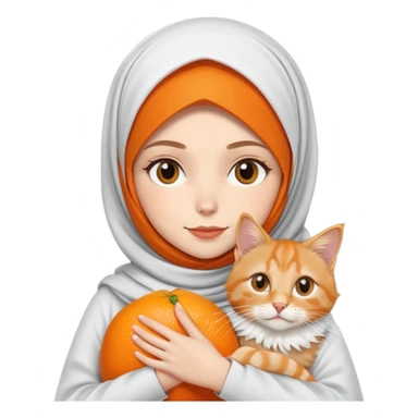White girl wearing hijab holding orange mainecoon cat sticker