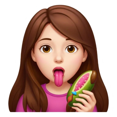 Girl with long brown hair licking pink pickle  sticker