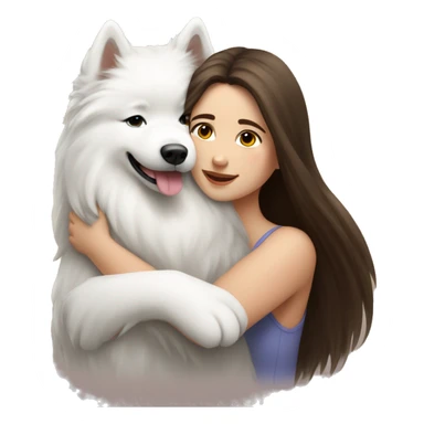 White beautiful girl with long brunette hair hugging Samoyed  sticker