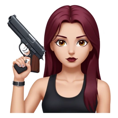 emoji of white girl with black gun in hand with a black tank top gorgeous girl y2k with maroon dark long hair in a middle part with straight nose hazel eyes medium perfect eye brows with  a nose ring silver on the right nostril  sticker