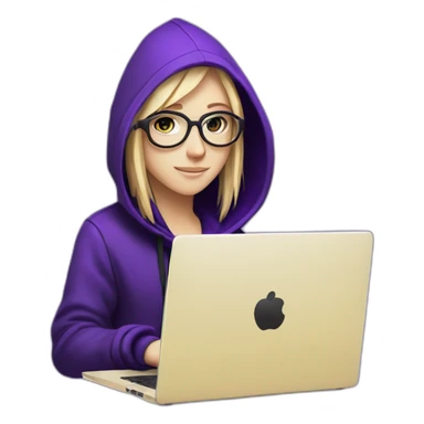 Girl blond artist with round glasses left side behind his laptop with this style: Alan Walker Singer purple character purple black hooded hacker themed character sticker