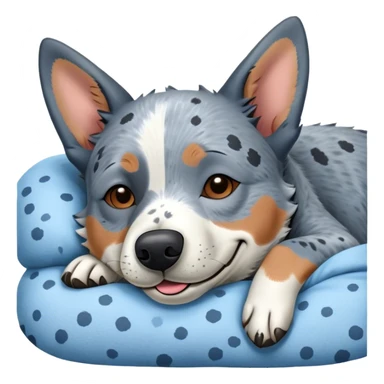 Meme-Worthy Cute Sleeping Blue Speckle Australian Cattle Dog Portrait Emoji, Head resting peacefully with a contented smile, showcasing a robust build and a luxuriously soft blue speckle Fur, eyes shut in a serene nap, Simplified yet hilariously adorable features, highly detailed, glowing with a soft, drowsy light, high shine, relaxed and utterly lovable, stylized with an air of playful laziness, bright and heartwarming, soft glowing outline, capturing the essence of a comically sleepy herder, so meme-worthy it feels like it could instantly become the next viral sensation of adorable slumber! sticker