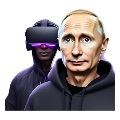 Vladimir Putin wearing a black hoodie with "OMG" letters on it and VR headset oculus quest 2 in a cyberpunk VR environment with violet neon lighting. sticker