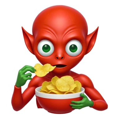 red alien eating chips sticker