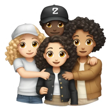 Five friends hugging - one white nonbinary person with short curly hair, 1 white girl with curly hair, 1 Chinese girl with a baseball hat, 1 light skin girl with long brown hair and 1 light skin girl with long black hair  sticker