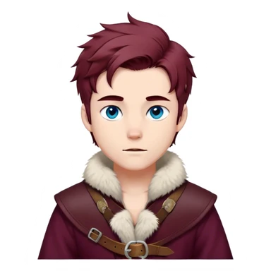 Medieval winter outfit worn by a DnD themed fantasy male character. Thick burgundy wool tunic with arctic fox fur lining, adorned with bronze clasps and a sturdy woven leather belt. Clothes only above the waist, full waist coverage. The character has no arms. Character is white-skinned with mahogany hair, stormy blue eyes, and short layered hair windswept with winter chill sticker