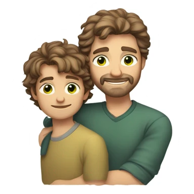 Handsome Father 40s green eyes with short full beard with Son 13s light brown eyes tousled bedhead look both has brunette hair light skin arms on shoulder portrait sticker