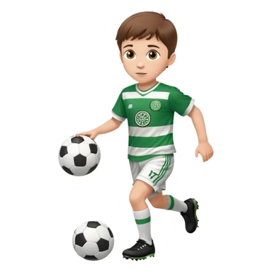 Celtic footballer jersey logo  6 years old brown hair white boy , brown eyes , stripes uniform , RUNNING  with soccer ball # 17 celtic football logo PUT ONLY ONE LOGO ONE CELTIC LOGO ONLY white shorts sticker