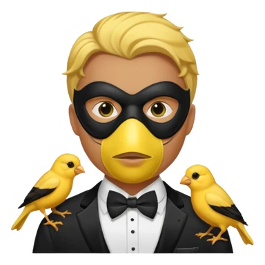 A man facing forward wearing a tuxedo with a mask depicting a yellow canary. sticker