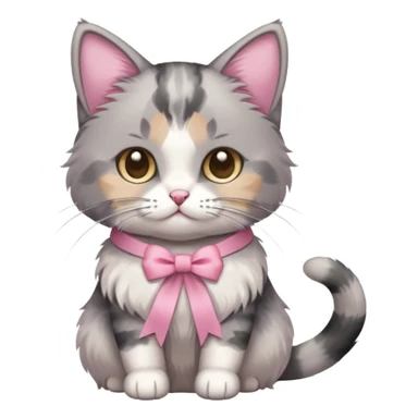Sitting Dilute grey calico cat with pink ribbon sticker