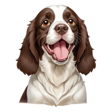 Cinematic Cute Yawning Springer Spaniel Portrait Emoji, Head tilted slightly with a dramatic, wide-open yawn, showcasing a smooth Fur of liver and white with crisp markings, floppy ears slightly drooping, round brown eyes barely open in drowsy contentment, Simplified yet irresistibly adorable features, highly detailed, glowing with a soft, cozy glow, high shine, relaxed yet expressive, stylized with a touch of whimsy, bright and endearing, soft glowing outline, capturing the essence of a sleepy yet affectionate companion, so drowsy it feels like it could stretch right out of the screen and curl up for a nap! sticker
