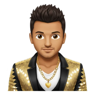 Peter Andre with dark brown hair, black sequin jacket, shirtless with necklace sticker