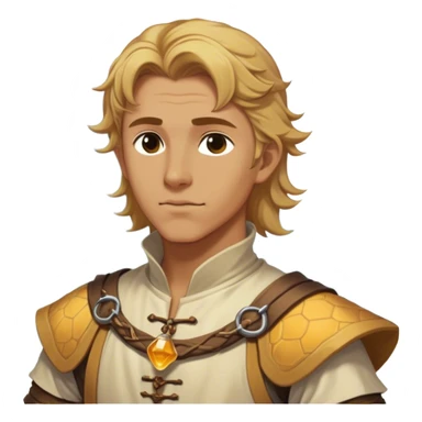 Medieval summer outfit worn by a DnD themed fantasy male character. Character has honey blonde hair swept back from the temples, reaching the nape of the neck with natural waves throughout. sticker