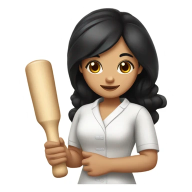 girl masseur with black hair and big brown eyes holds a wooden rolling pin in her hand sticker