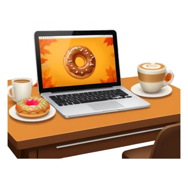 Laptop with pumpkin spice latte and a cinnamon donut on a desk fall scenery sticker