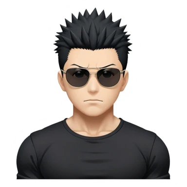 Satoru Gojo from Jujutsu Kaisen with spiky black hair, wearing form-fitting black t-shirt showing muscular build, confident expression, sunglasses on top of head sticker