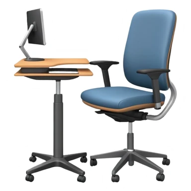 3D minimal icon of a height-adjustable motion desk with a modern ergonomic office chair, featuring a subtle accent in #FF3D00. Clean, high-end, and modern style. sticker
