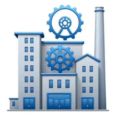 "A minimalist vector icon of a modern manufacturing factory building with a gear symbol above it. Blue and grey color scheme, flat design, white background, simple thick lines, professional business logo style." sticker