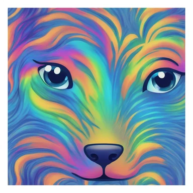 Multicolored rainbow retro groovy tie dye hippie trippy floral patterns on a metallic holographic iridescent blue dog face head unicorn sticker