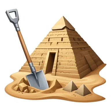 An icon showing archaeological tools like a trowel, brush, and pickaxe placed on sandy ground, with an Egyptian pyramid in the background. The design symbolizes excavation and discovery of ancient history, blending tools and iconic landmarks. Transparent background. sticker
