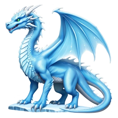 Cinematic Noble beautiful  Ice Dragon full body Emoji, Poised and imposing, distinct long elegant snout, with a slender, scaled body shimmering in glacial hues of icy blue, frostbitten silver, and crystalline white, breathing out frost, with piercing, glowing eyes that radiate the chilling depths of an arctic storm; rendered in detail. displaying its wings sticker