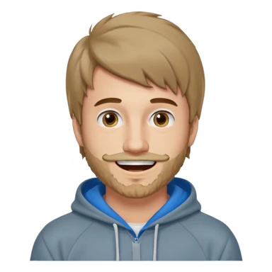 25 year old man, short scruffy beard and thin moustache, brown puffy mullet, blue eyes, big smile, white teeth, big lips, pronounced jaw, hair longer in back, sticking up on top, thin face, grey hooded sweatshirt sticker