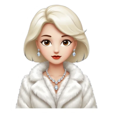 * Character: A stylish lady
* ﻿﻿Clothing: A luxurious white fur coat
* ﻿﻿Accessories: A dazzling diamond necklace
* ﻿﻿Expression: Confident, elegant, maybe slightly glamorous
* ﻿﻿Pose: Head slightly tilted or a poised posture
* ﻿﻿Style: Emoji-like, simple but expressive sticker