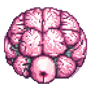 Make this pink melting brain icon more 3D with enhanced depth, shading, and highlights. Keep it fully front facing with pixel art accents. Background transparent. sticker