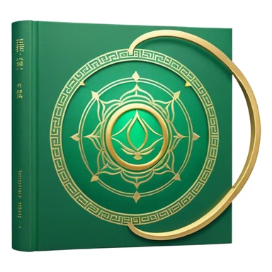 A soft emerald green book front cover with golden details, featuring a Zen circle, a ray of light, or a lotus on the cover, radiating presence, tranquility, and spiritual awakening sticker