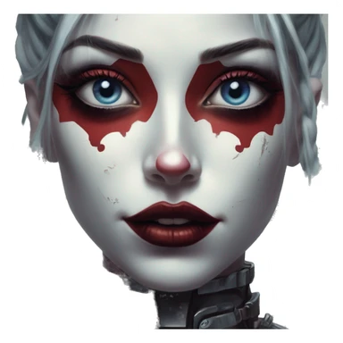 Cyborg in Harley Quinn style, oil paint, mysterious eyes, intricate lips, masterpiece portrait, odd perspective, beautiful, desirable, logical sticker
