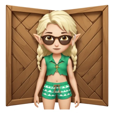 elf female legolas portrait, patterned board shorts (geometric/abstract), unique wooden-framed sunglasses, undercut hairstyle, slight smirk, visible pointy ears, no background, centered emoji, hipster summer vibe coctails  sticker