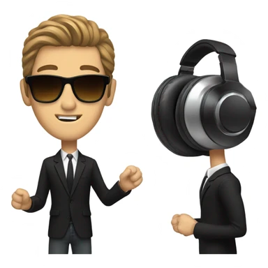 White Man brown hair with sunglasses DJ black jacket skinny tie headphones spinning records sticker