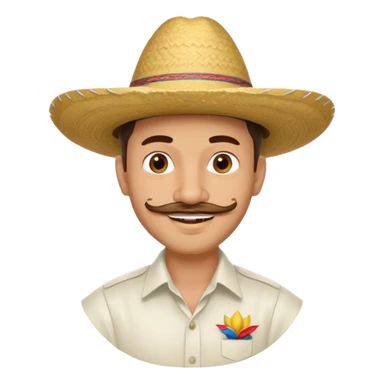 A happy, light skinned, Colombian man, with a small not connected mustache, a small gotee, wearing a Colombian Sombrero Voltiao, and wearing a white dress shirt sticker