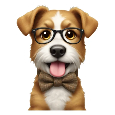 
The dog is small and fluffy, wearing a tweed vest, striped tie, and round glasses, giving it a playful, intelligent look. Its bright eyes and joyful expression, with its tongue sticking out, add to its cheerful charm sticker