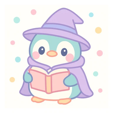 playful chubby penguin with a wizard hat and cloak, holding an open spellbook sticker