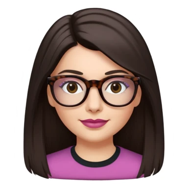 White woman with long straight dark brown hair (hair parted in the middle), dark Brown eyes, light tortoiseshell framed glasses (no pink colour). The lips have soft dark old pink coloured lipstick, and lith smile (no teeth showing). No shaddow make-up in the eyes. sticker