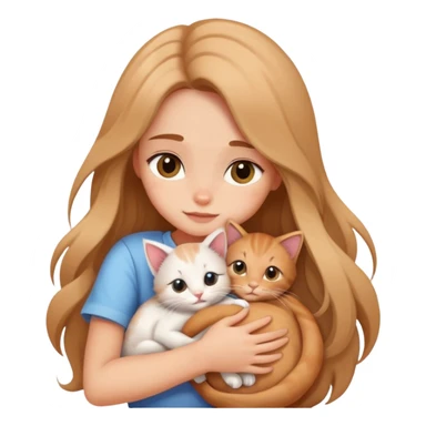 A girl with long hair tightly hugged a kitten sticker