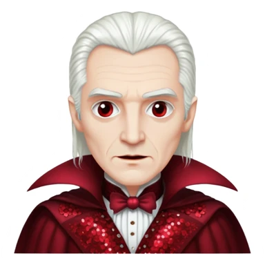 Count Dracula from Universal Monsters with long white hair, dark red sequin outfit sticker