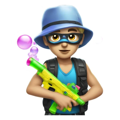 Caucasian boy in rave gear with mask and hat and shooting a bubble gun sticker