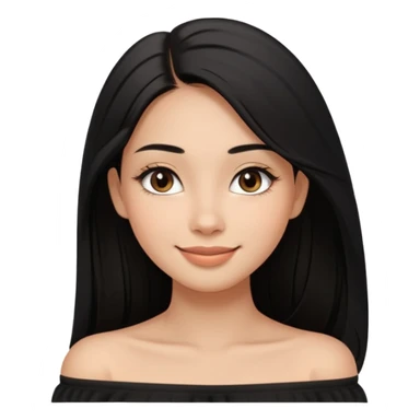 A realistic 3D avatar of a young woman with a soft oval face, slim cheeks, natural almond eyes, long straight black hair, minimal makeup, wearing a black off-shoulder top, elegant and aesthetic, brown skintone, add nosepin at left side.  sticker
