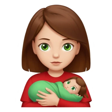 a girl with brown strait hair and has baby green eyes has a red t-shirt sticker