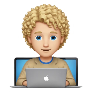 male coder with blonde curly hair and blue eyes, at a laptop, cheerful expression sticker