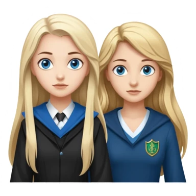 a pretty ravenclaw girl with long brown hair and blue eyes standing with a hot Slytherin girl with long blonde hair, blue eyes and big boobs  sticker