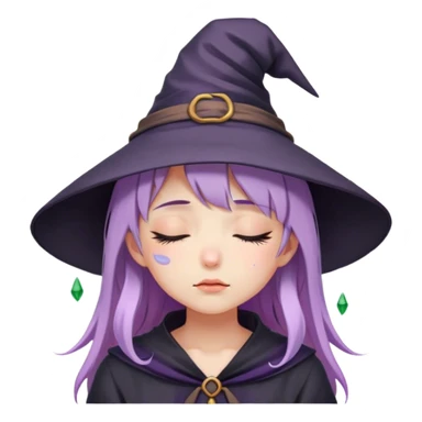 cute anime girl with closed eyes crying with lilac hair in witch hat sticker
