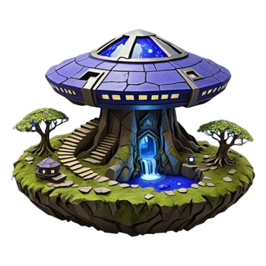 Crashed Alien saucer-castle jungle winding trail mountainside getaway haunted nighttime hobbit landscape antique mudman very old broken cracked intricate Stone Age lapis-crusted irregular dodecagon-shaped shallow dark moss rough bark violet flowered maple treehouse bonsai Saikei coffee table diorama sticker